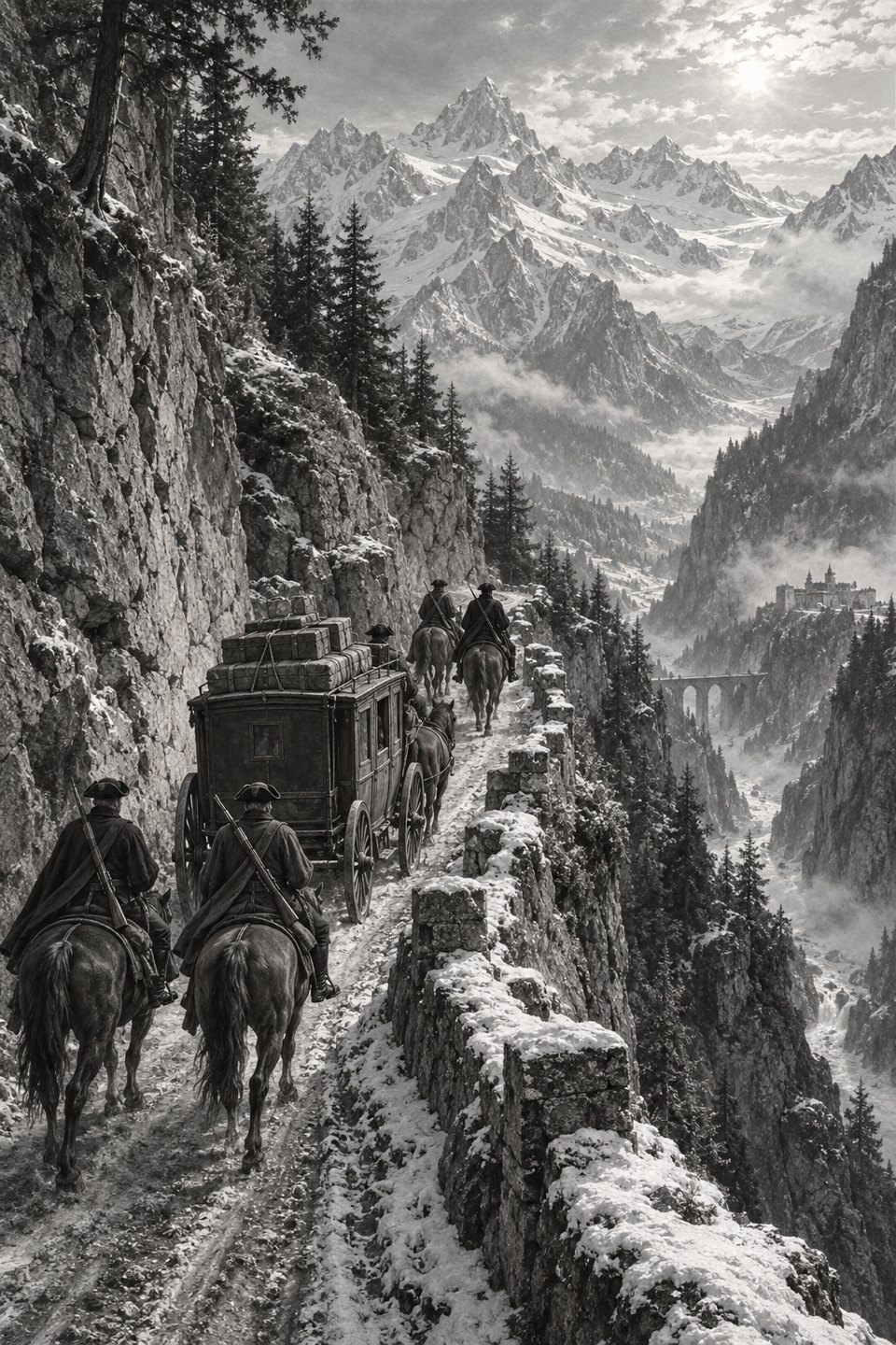 A guarded carriage follows a narrow road through snow-covered Alpine peaks