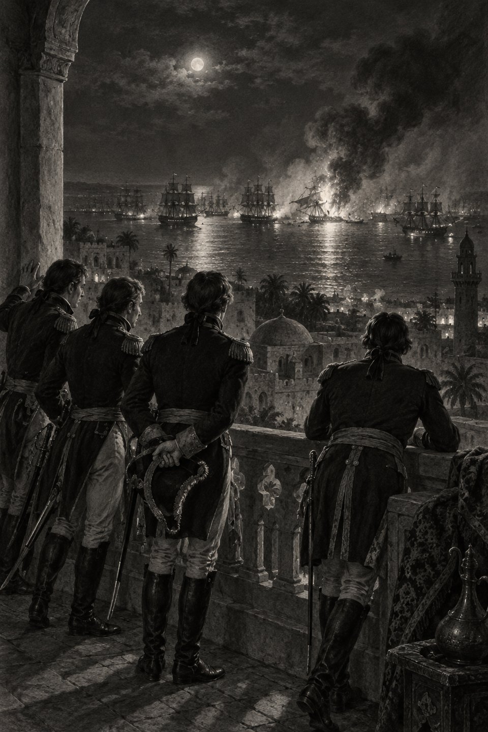 French officers watch ships and distant fires across a moonlit bay