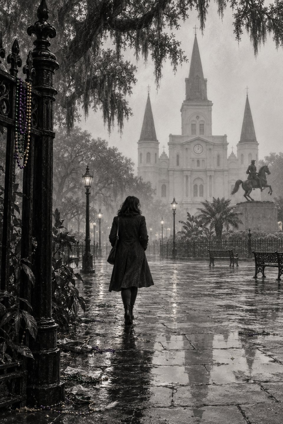A woman crosses rain-darkened Jackson Square toward St. Louis Cathedral
