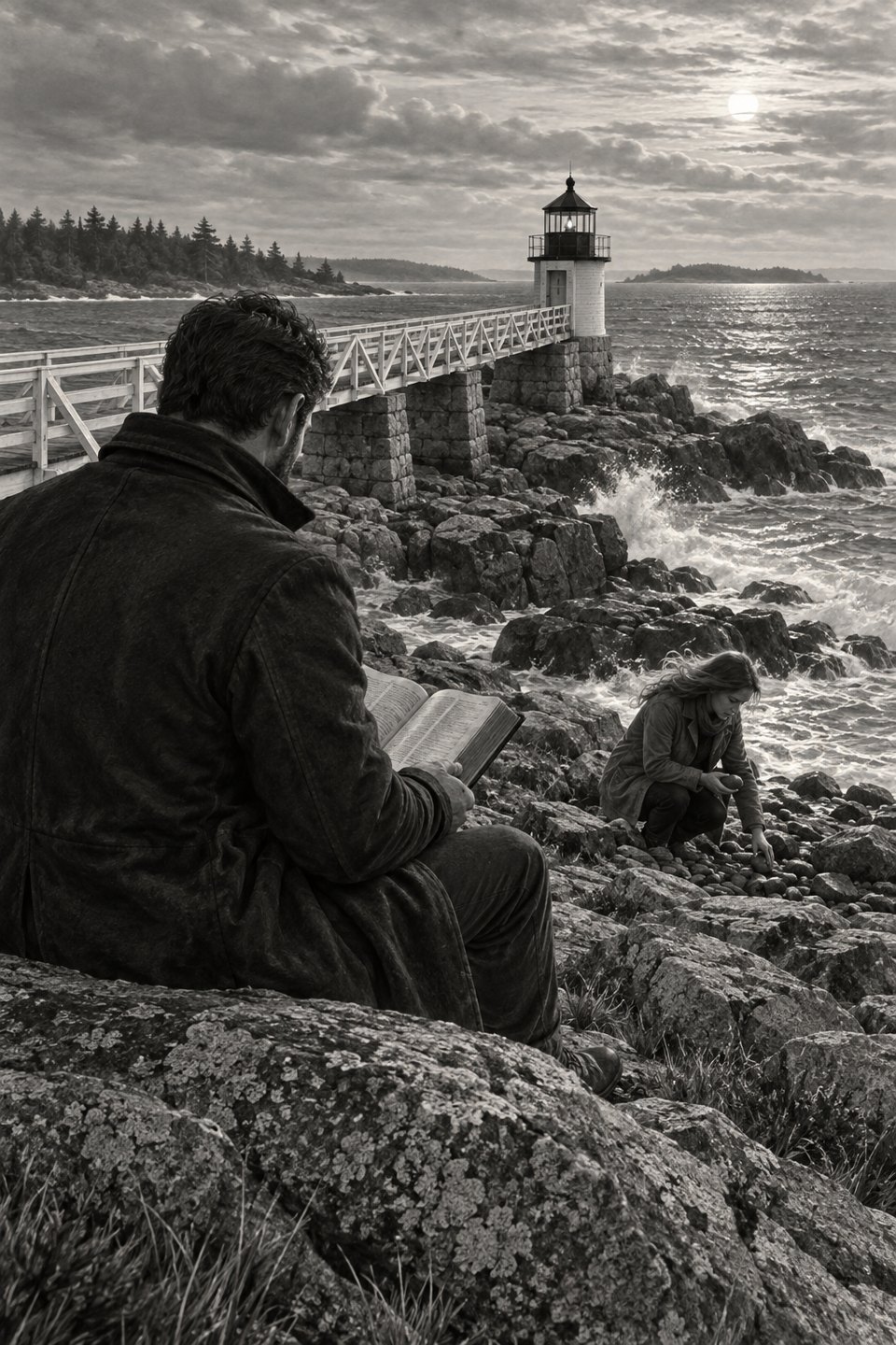 A man reads beside the rocky Maine coast near a lighthouse
