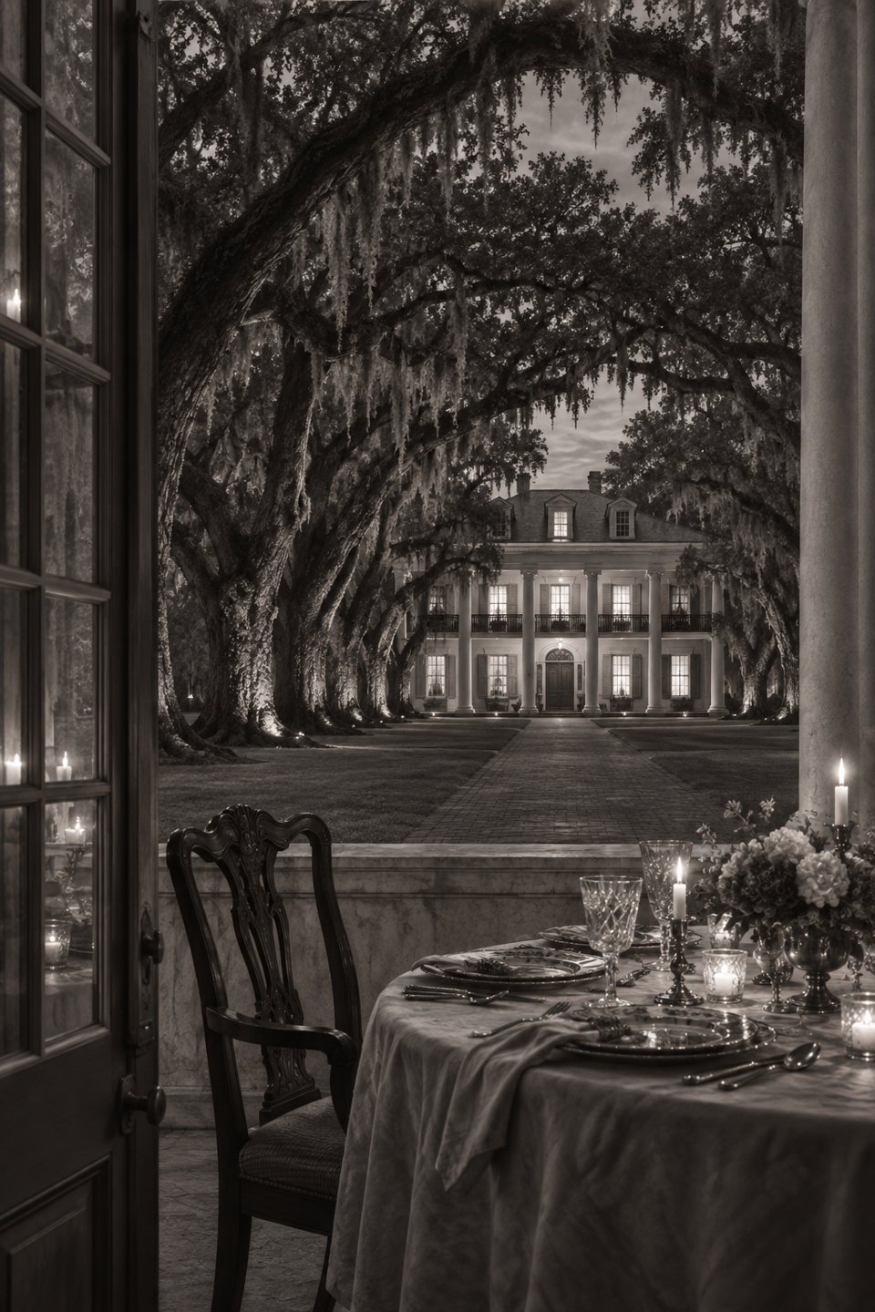 An avenue of oak trees frames a Southern mansion beyond a candlelit table