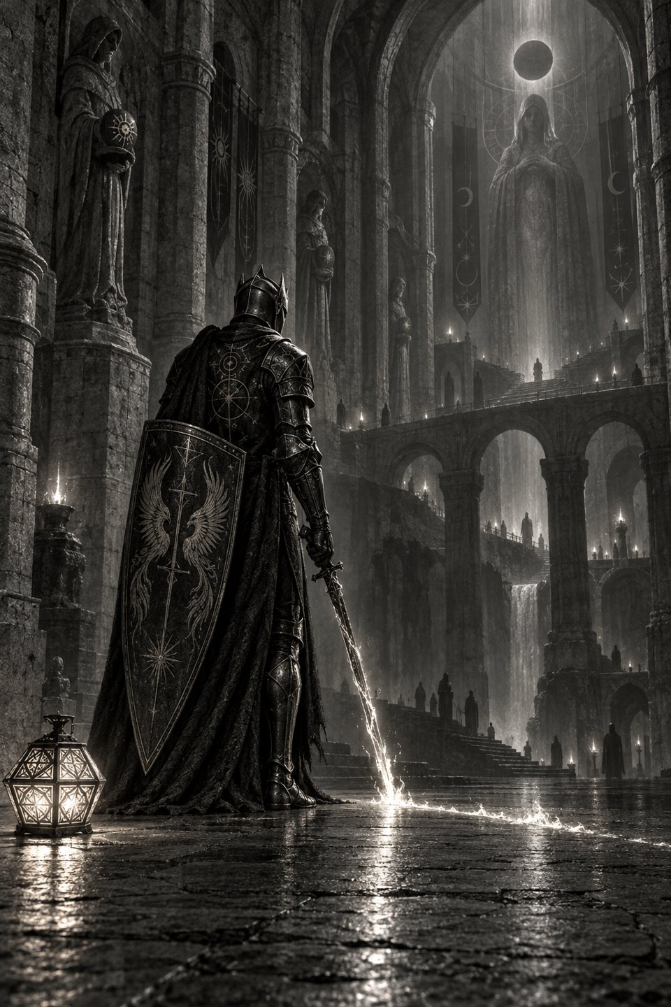 An armored sentinel with a lantern beneath immense cathedral arches and a darkened sun
